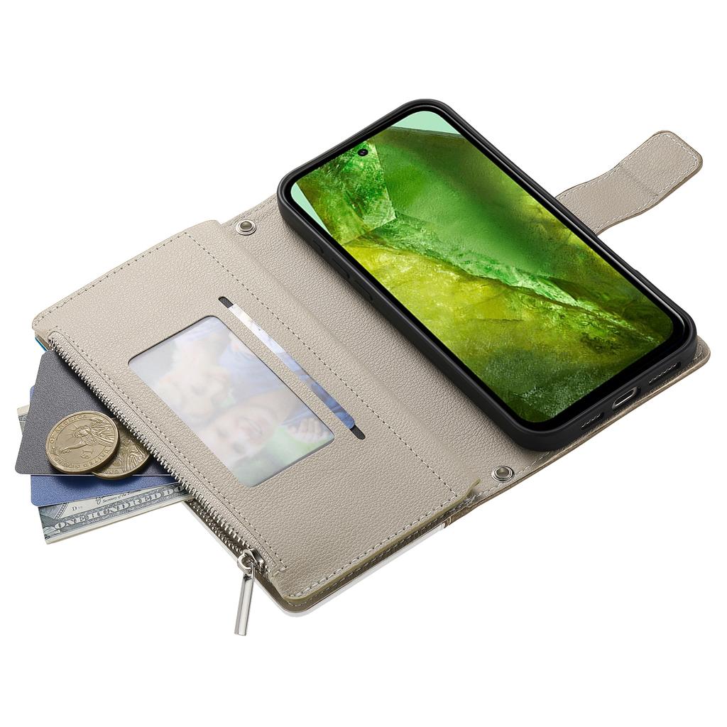 For Google Pixel 8 Case Zipper Wallet Color Splicing Leather Flip Phone Cover with Straps
