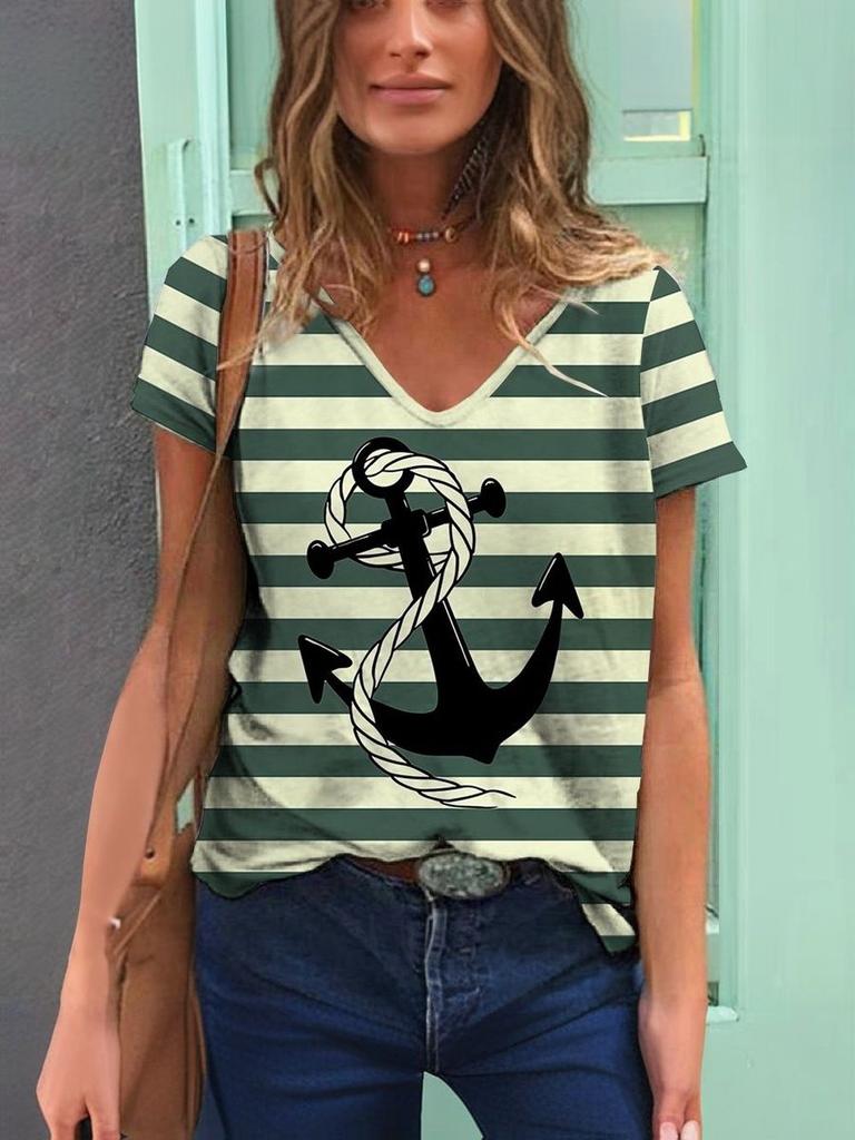 Neue Ankerstreifen 3D-Druck T-Shirts Damen Kurzarm V-Ausschnitt T-Shirt Lässige Tops Y2k Harajuku T-Shirts Streetwear Damenbekleidung