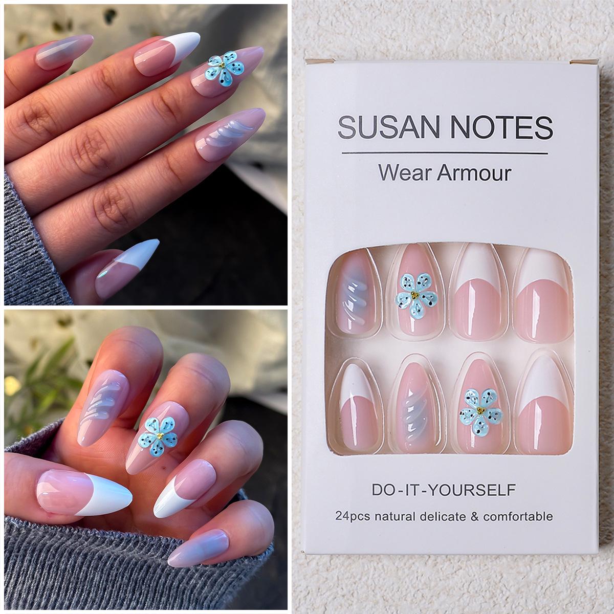 24pcs French Icy Translucent 3D Shell Texture Almond Shape Nail Tips - European/American Style Manicure