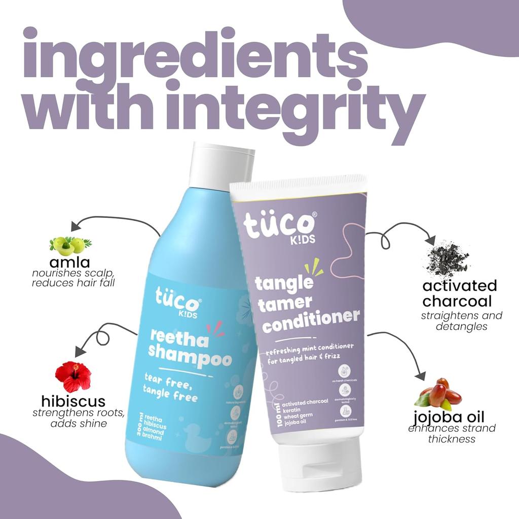 Tuco® Kids Hair Brained Mild Shampoo & Tangle Tamer Hair Conditioner, Paraben & Sulphate Free for Ages 3+ Kids, Each 100ml (Combo Pack)