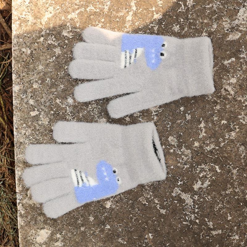 Kids' Dinosaur Woolen Gloves: Thick, Warm, Knitted Five-Finger Gloves for Boys and Girls