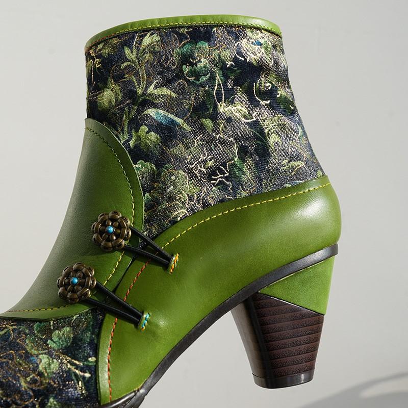 Johnature Retro Genuine Leather Patchwork Jacquard Fabric High-heeled Women's Short Boots