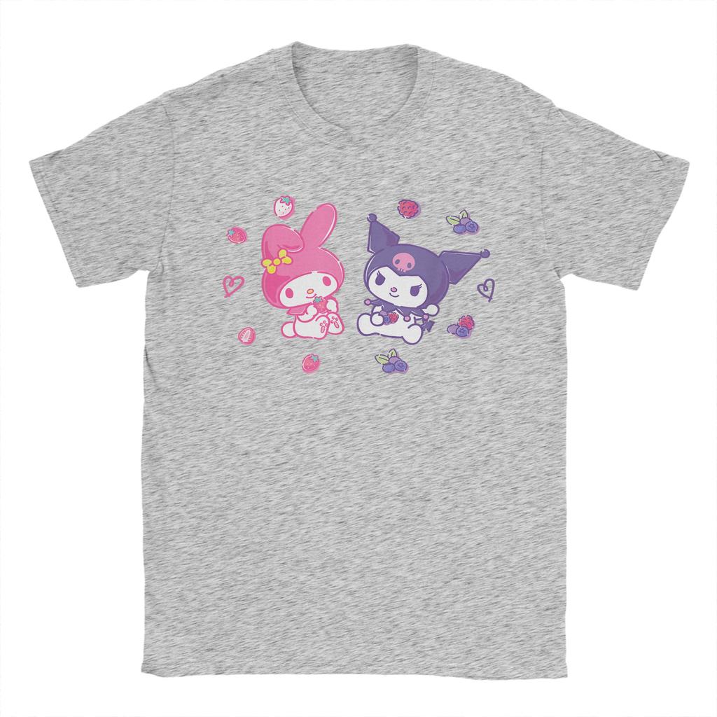 Casual Kuromi and My Melody Berries TShirt for Unisex Round Collar Cotton T Shirts  Short Sleeve Tees Big Size Clothes