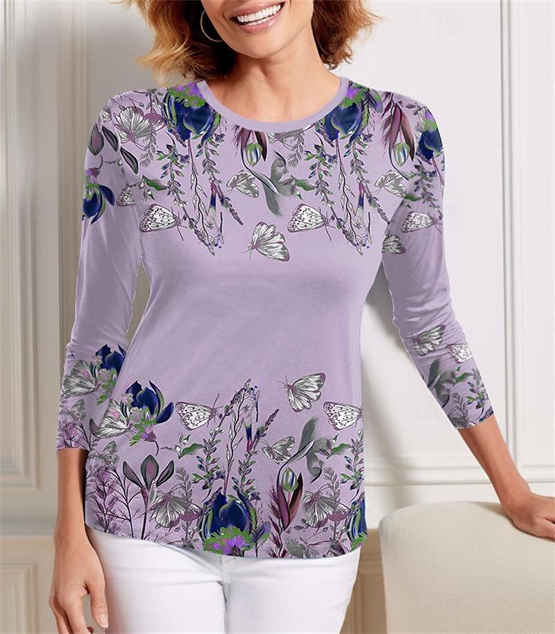 

Women s T-Shirts Women s Fashion Casual Round Neck 3D Flower Printed Long Sleeve T-shirt 5XL