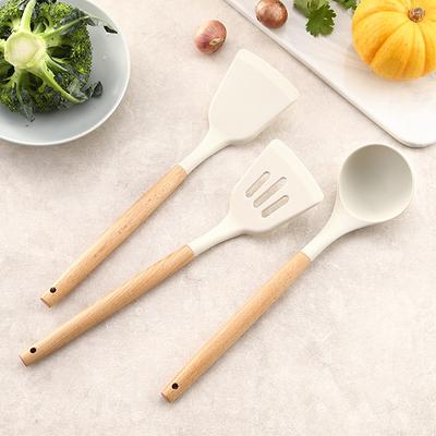 Milk White Wooden Handle Silicone Spatula Cookware 3-piece Set Silicone Spatula Set Hangable Kitchen Soup Spoon Cooking Cookware Spatula