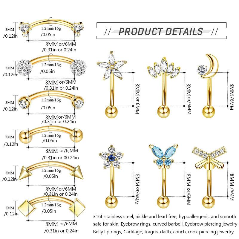 1/11Pcs 16G Eyebrow Rings for Women, Curved Barbell Belly Lip Rings Cartilage Daith Earring Tragus Helix Rook Piercing Jewelry