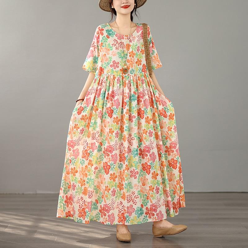 Abito estivo lungo e largo casual da donna, in cotone vintage, con maniche corte e taglie forti, floreale, nuovo di zecca.