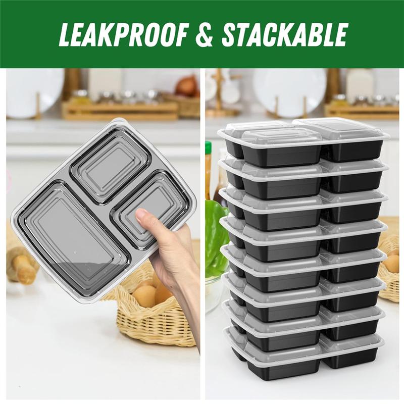 A25F-Reusable 32 Oz Meal Prep Containers 50 Pack 3-Compartment With Lids, To Go Take Out Plastic Food Storage