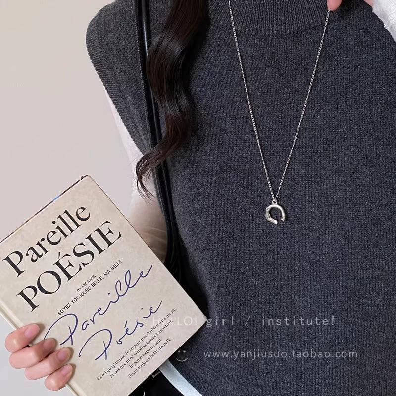 

Korean ins silver geometric pendant long necklace women s daily sweater chain niche design