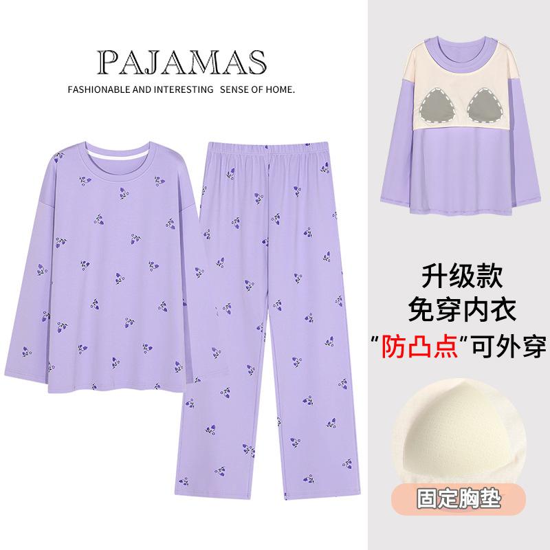 Pyjamas mit integrierten Brustpolstern Reine Baumwolle Langärmelig Damen Freizeit-Loungewear Damenmodelle