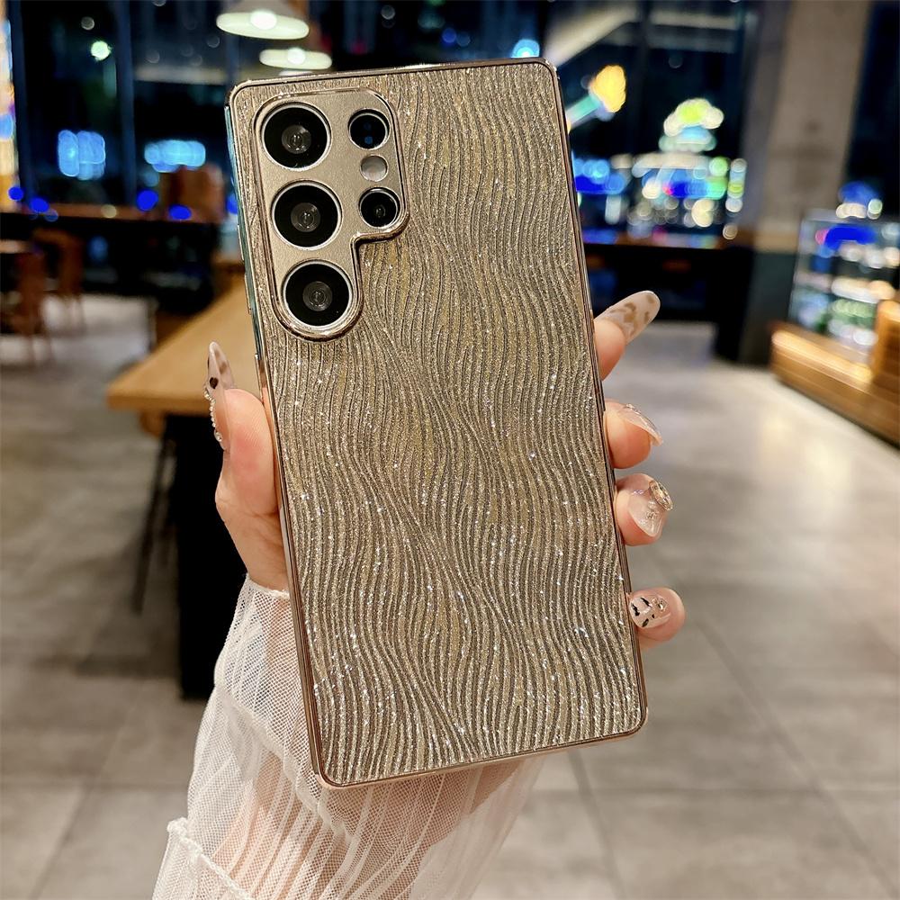 Glitter Water Flow Pattern PU Leather Case for Samsung Galaxy S25 Edge S24 Ultra S23 FE Plating Camera Lens Protection Cover