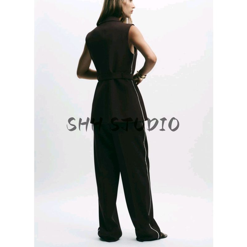 V-neck Sleeveless Long Vest 8741326 High Waist Contrast Color Thin Stripe Straight Trousers with Accessories 8742326