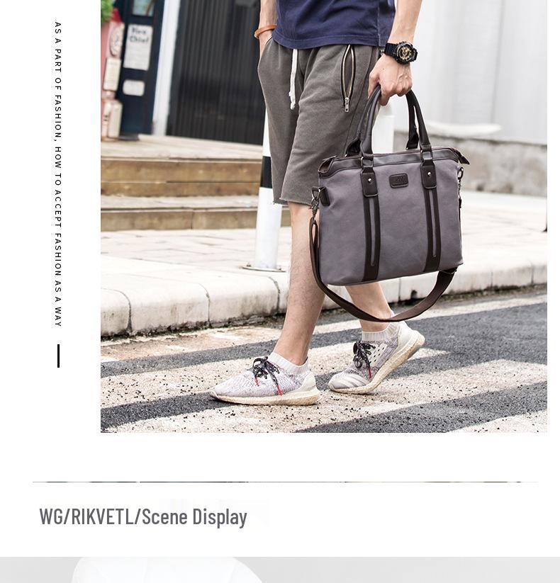 Men's Classic Canvas Business Briefcase: Horizontal Shoulder Bag with Cowhide Accents for Laptop and Daily Use