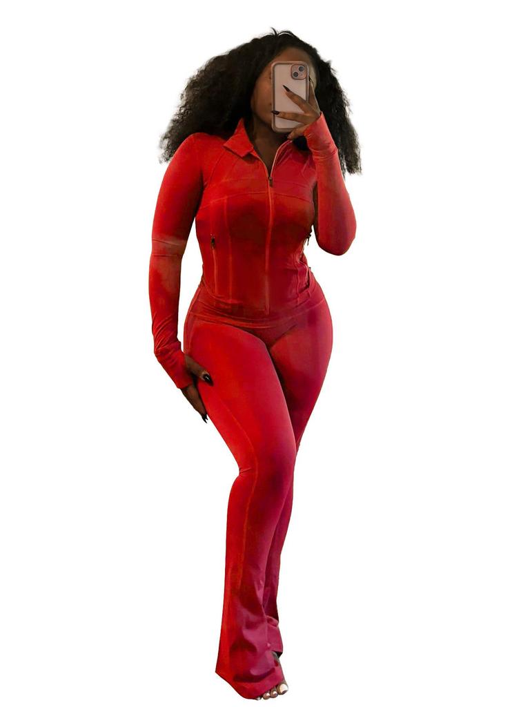 HR24057 Women's Sexy Long Sleeve Flare Two-Piece Sports Casual Set