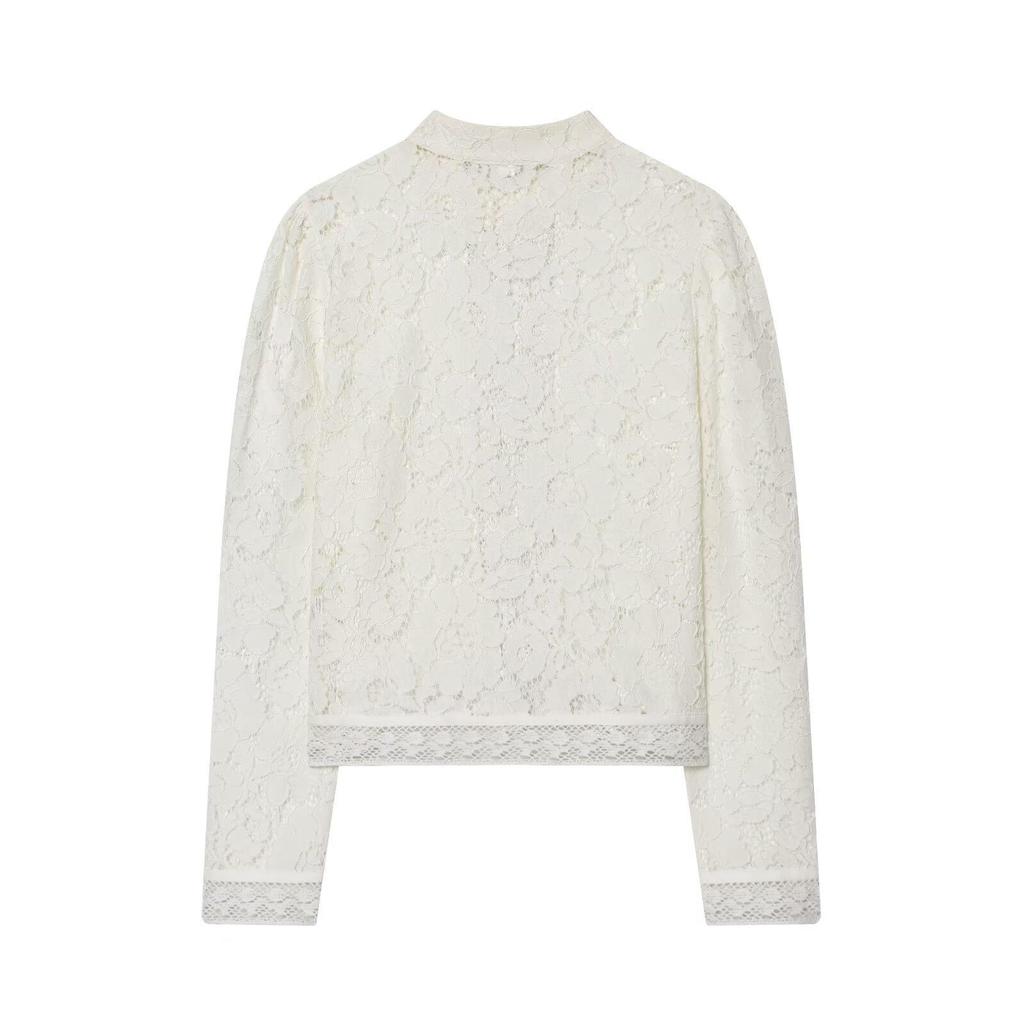 2025 European Style Women's Lace Crochet Stand Collar Shirt with Disc Buckle Waist