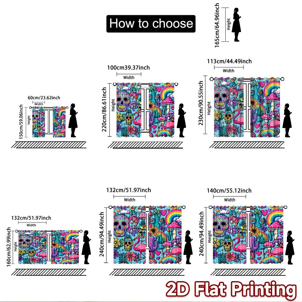2D Flat Printing 2pcs Curtain Day of the Dead Skulls Flamingos Digital Printed Polyester Drapes Festive Curtains Perfect for