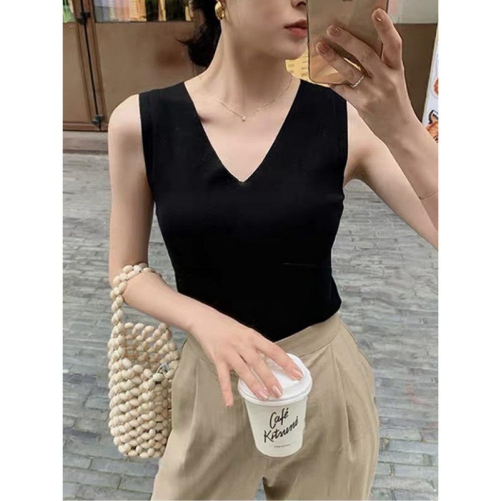V Neck Tank Top Stripe Knit Halter Crop Tops Women Summer Camis Chest Pad Camisole Fashion Casual Tube Female Sleeveless Cropped Vest