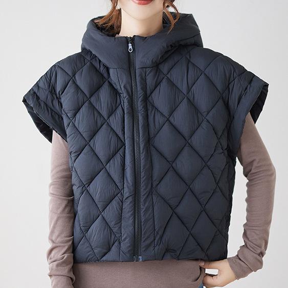 Hochwertige weiße Entendaunenweste Damen Herbst und Winter Mode Kleine Fliege Ärmel Kapuze Rautenmuster Weste Jacke