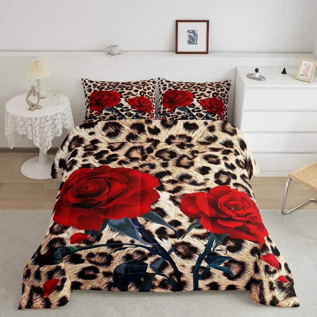 Leopard Comforter Cover King Queen Full Cheetah Bedding Set African Savanna Animal Duvet Cover Rose Flower Polyester Quilt Cover