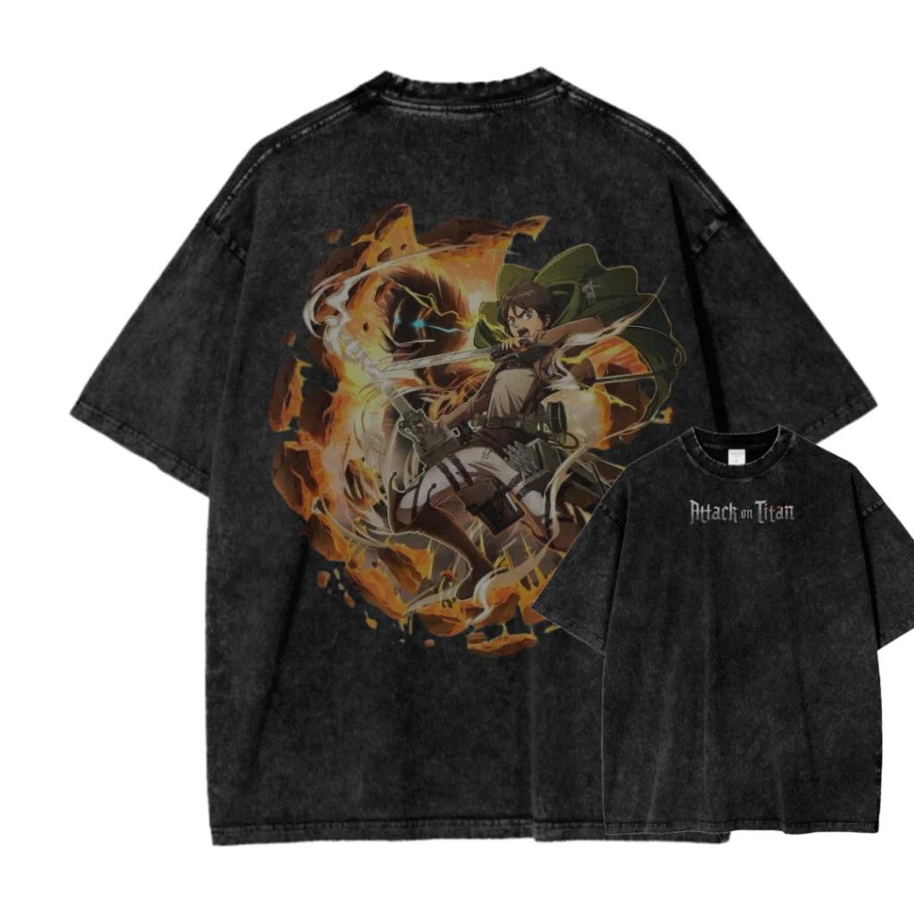 New ACID WASH TEE Attack on Titan Printed Tshirt Mens and Womens Washed Tshirt High Quality Vintage Cotton Tshirt Top