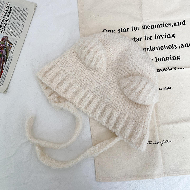 Cute Bear Knitted Hat Cute Girls Knitted Ear Caps Winter Padded and Thickened Warm Cap Big Head Circumference Ear Protection Hat