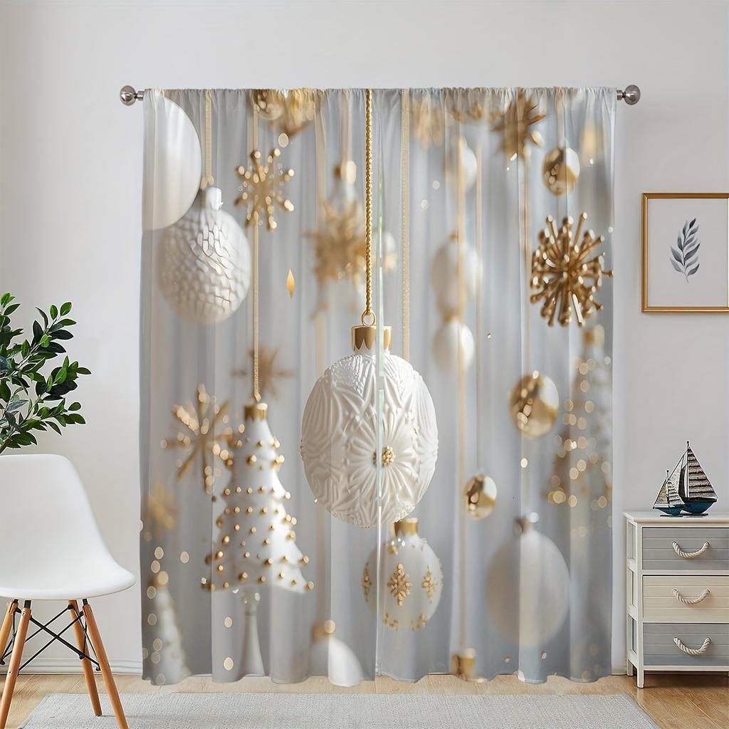 2PCS Elegant Cortinas Gold and White Christmas Ball Christmas Tree Snowman Print Curtains for Bedroom Living Room Decoration
