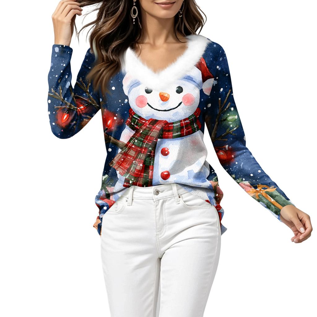 Women's Christmas Long Sleeve Top with Snowflake and Christmas Tree Print, Collar and V-Neck