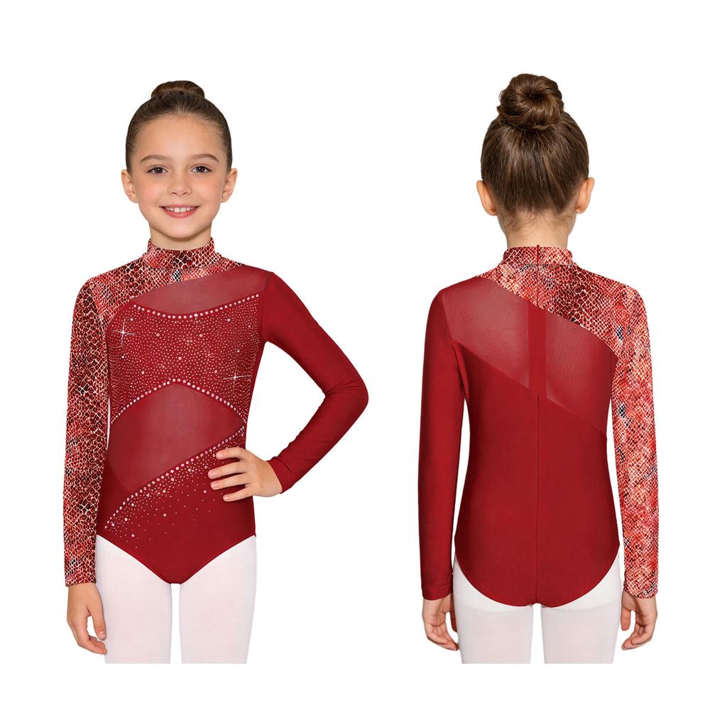 Kids Girls Performance Leotard: Long Sleeve Mock Neck with Mesh Patchwork & Butterfly Print Rhinestone Bodysuit Back Zipper