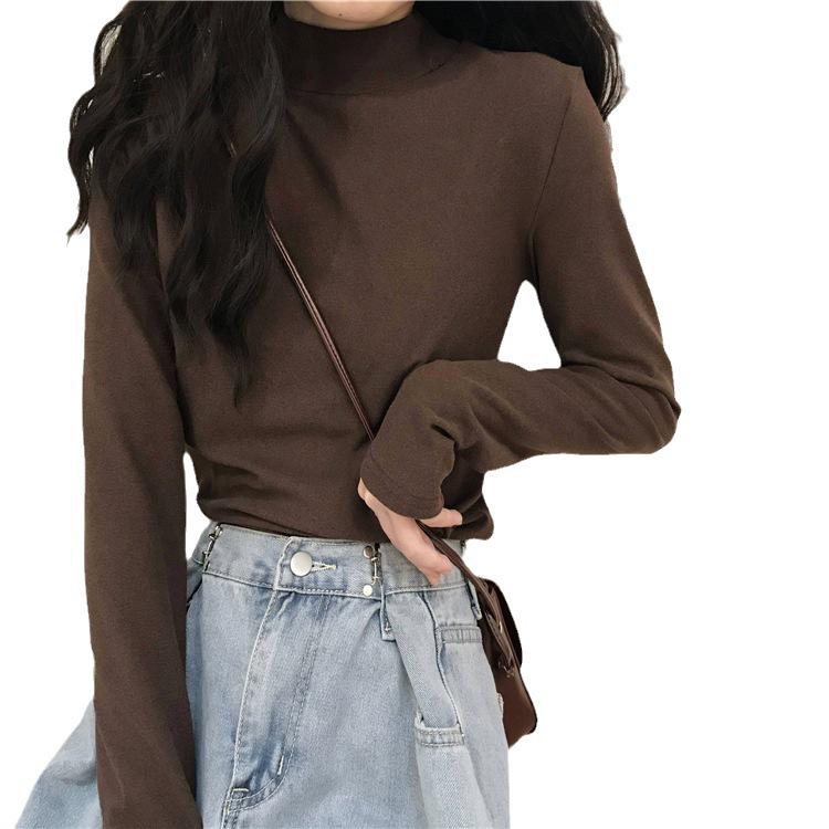 Women's White Half-Turtleneck Slim Long-Sleeve Shirt for Autumn/Winter
