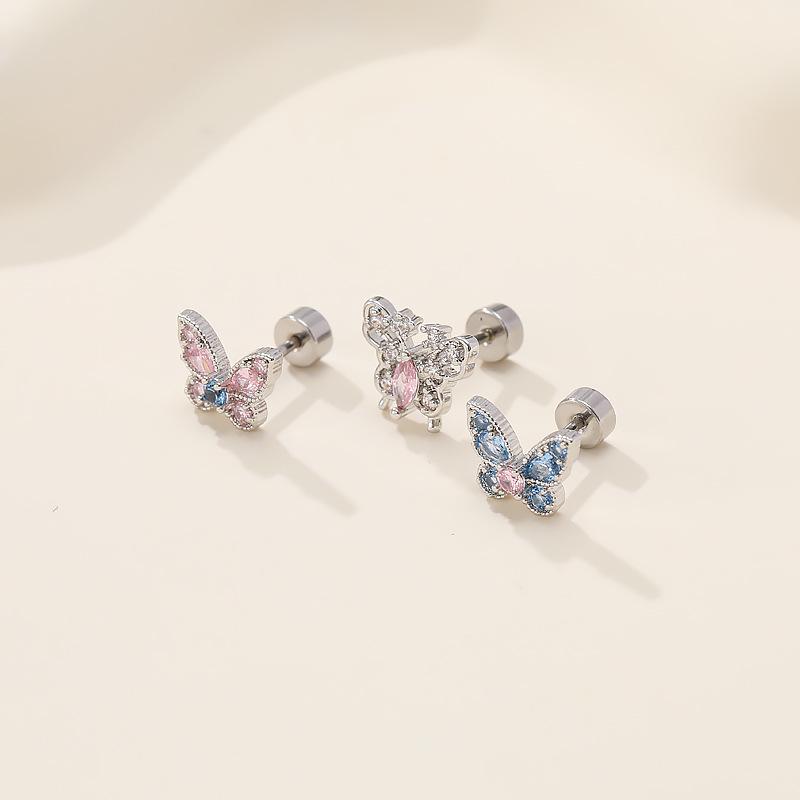 Pink Sweet Butterfly Zirconia Titanium Steel Ear Cartilage Studs for Women - Versatile, High-End Double Spiral Screw Design.