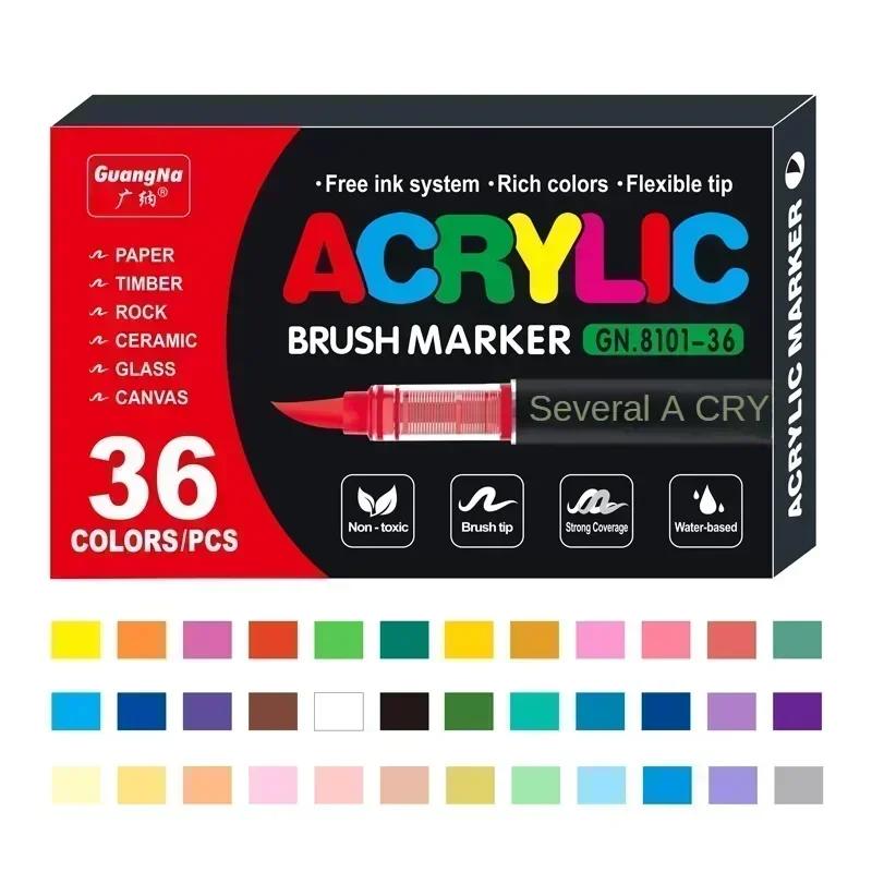 GUANGNA 168-12 Colors Acrylic Marker Pen for Rock Painting Brush Tip Paint Marker Christmas Markers Waterproof Art Supplies