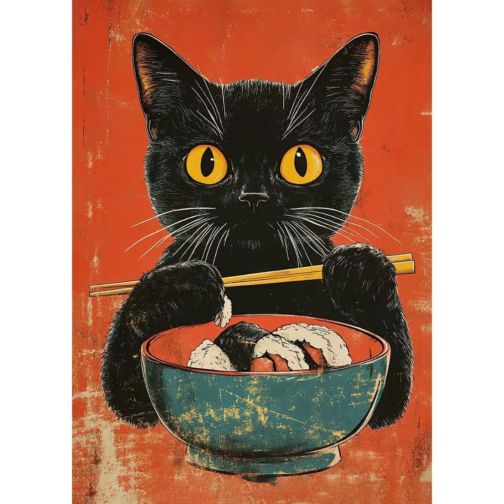 Japanische Katze isst Nudeln Leinwandposter Katze Kaffee Bonjour Mon Amour Küchenwandkunst Drucke für modernes Wohnzimmer Heimdekor