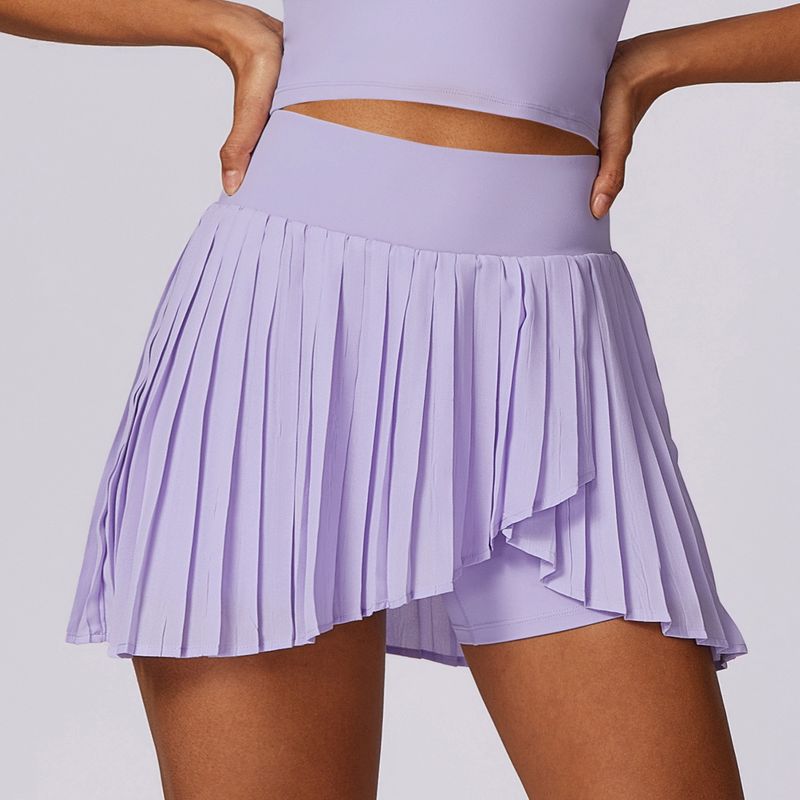New Arrival Casual Pleated Sports Skirt Women's Fake Two-Piece Quick-Drying Tennis Culottes Fashion Tape Fitness Pantskirt with Pockets