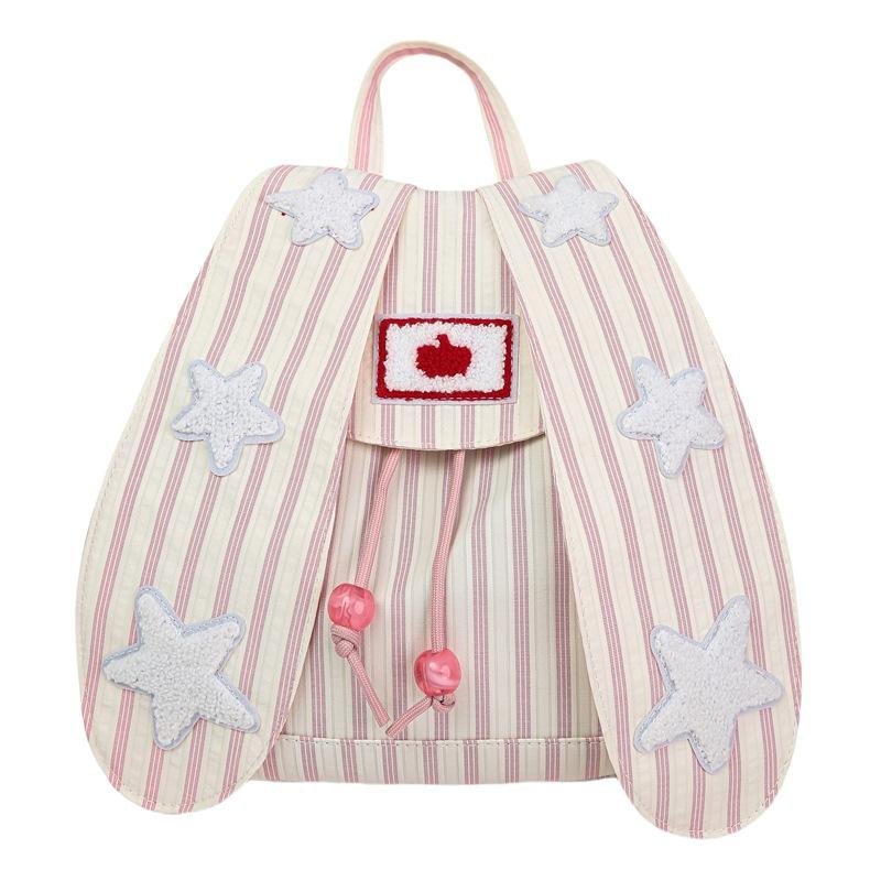 Schoolbag Cute Rabbit Ears Backpack Female Junior High School Student Vertical Stripe Contrast Color Star Bag High Value Student Travel Small Backpack
