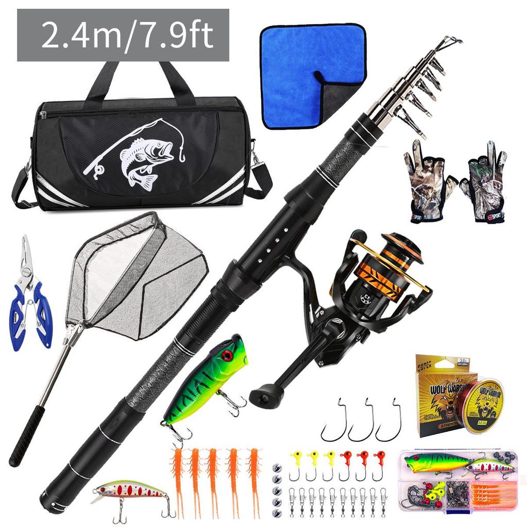 Portable Carbon Lure Rod Set with Fishing Gear Bag & Landing Net for Long Cast