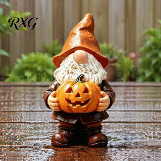 Hand Painted Gnome Statue Halloween Garden Statue, Faceless Holding Pumpkin Sculpture, Stable Sculpture Waterproof Resin for Porch Yard Autumn