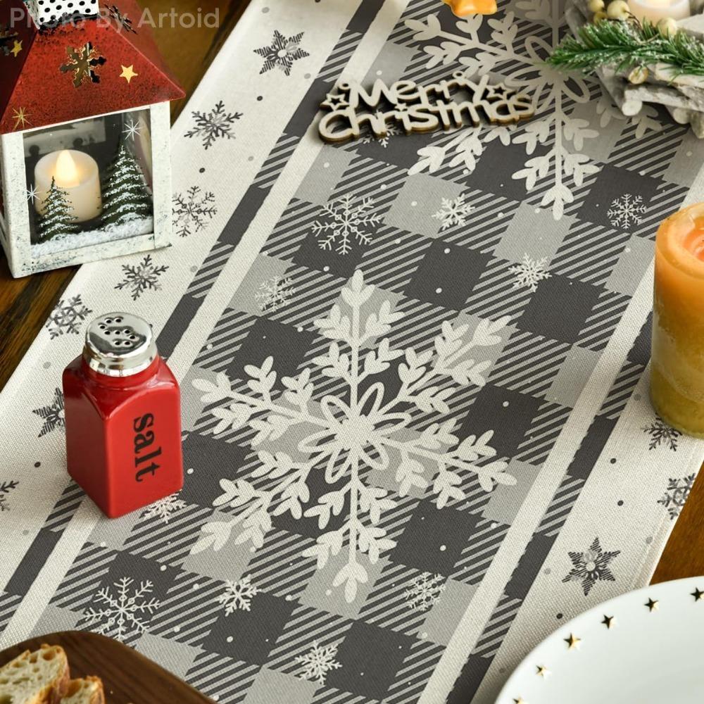 Artoid Mode Buffalo Plaid Snowflakes Christmas Table Runner, Seasonal Winter Kitchen Dining Table Decoration for Home Party Decor 13x72 Inch
