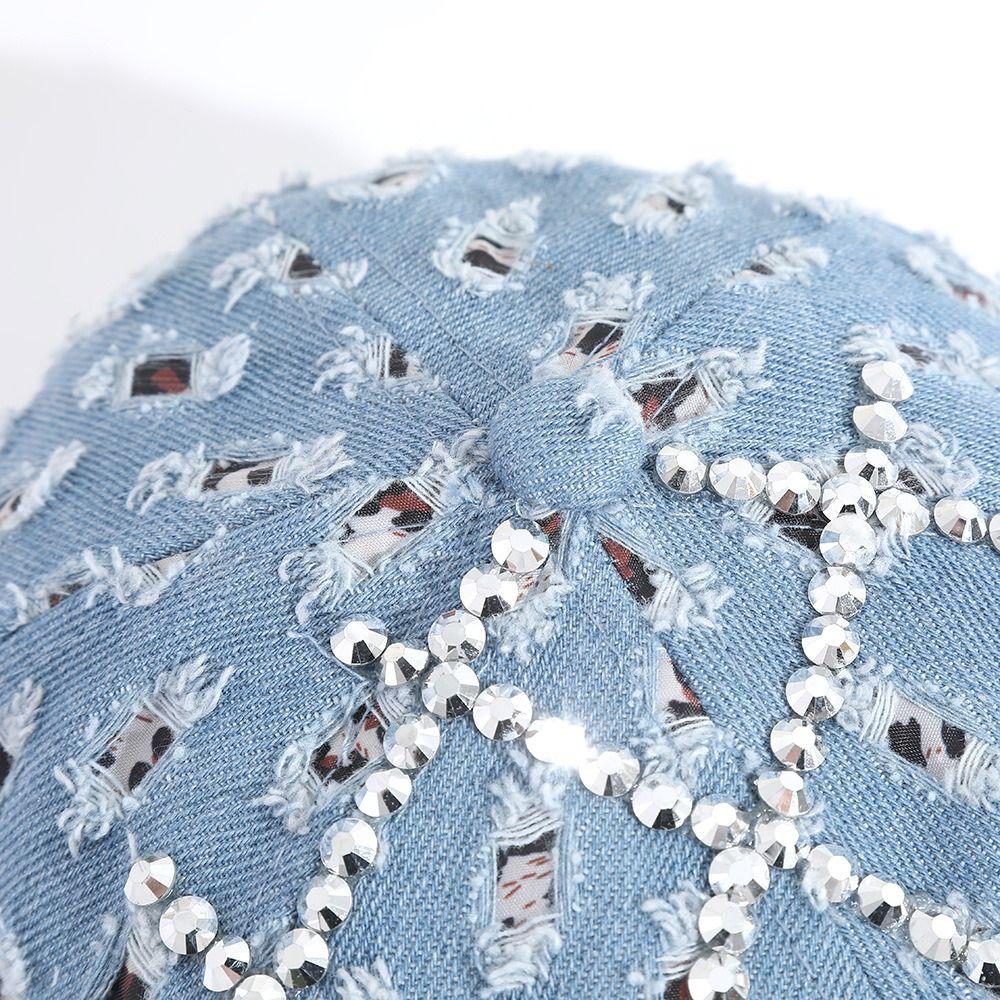 Sparkling Rhinestone Baseball Cap Casual Streetwear Hat Distressed Denim Baseball Caps  for Women