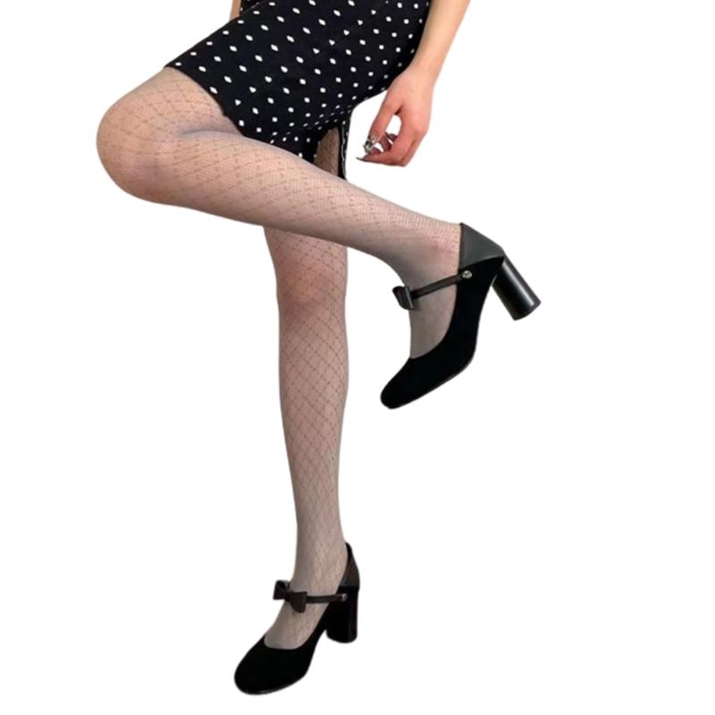 Womens Diamond Grid Pattern Sheer Fishnet Mesh Tights Vintage 90s Aesthetic Sexy See Through Thin Pantyhose Stockings