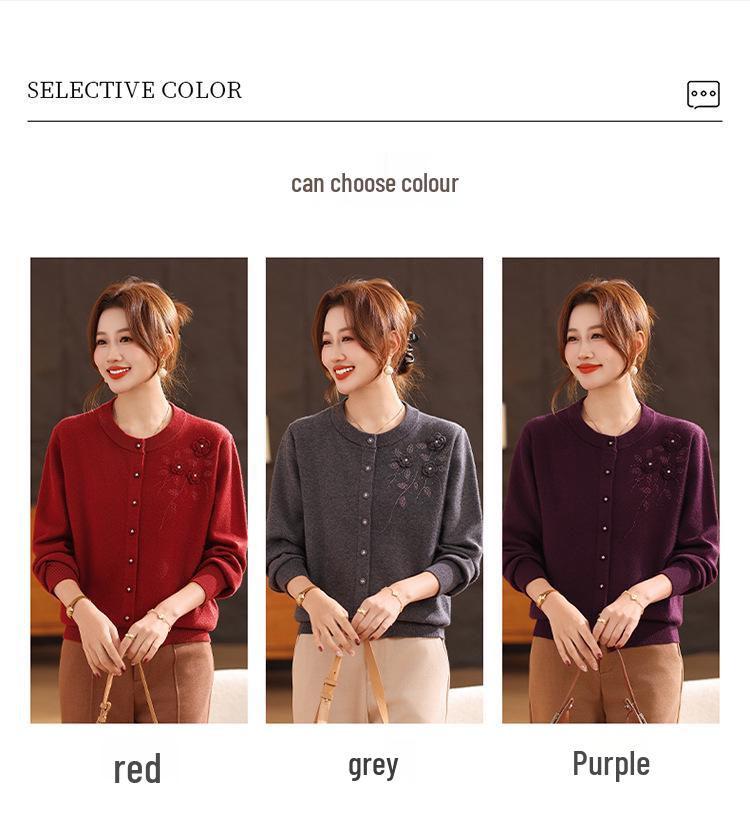 Elegant Spring Knit Cardigan for Moms: Women's Versatile Wool Sweater, Perfect for Middle-Aged & Elderly, Loose Fit for Autumn/Winter.