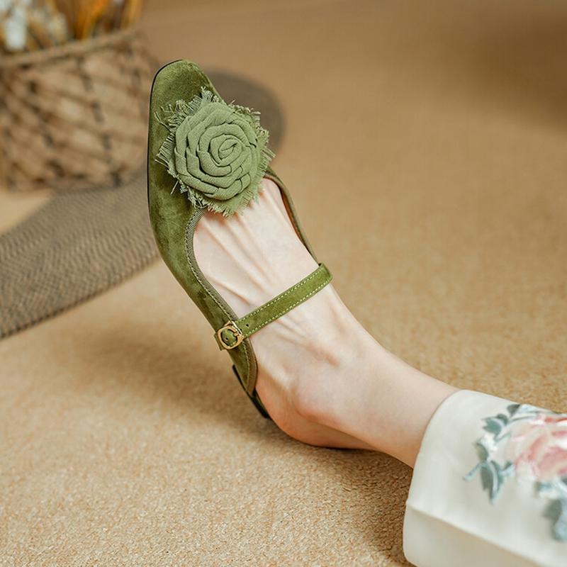 Fashion NEW Summer Women Mules Sheep Suede Leather Shoes for Women Square Toe Low Heel Slippers Cover Toe Slingback Flower Green Sandals