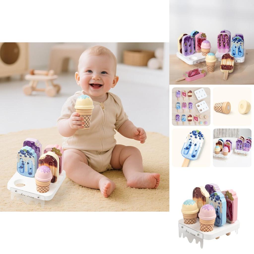 Wooden Pretend Kids Ice Cream Shop Play Set With Realistic Dessert Display For Childrens Role Play