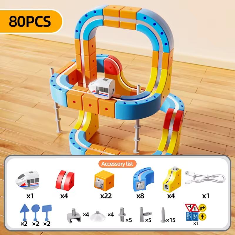 

Kids Diy Assembly Magnetic Rail Car Toys Electric Magic Train Track Kids 3D Construction Block Cube Model Plaything With Traffic Signs