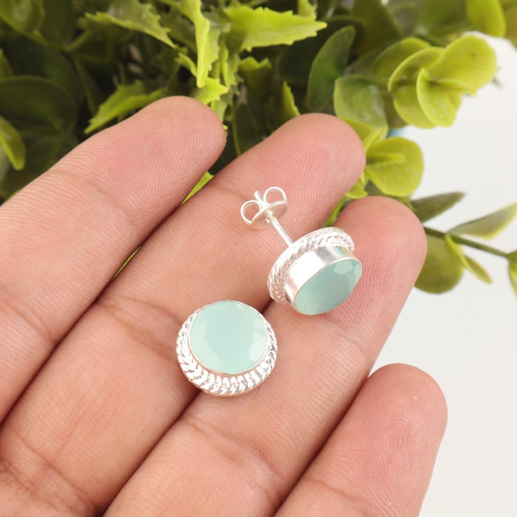 Aqua Chalcedony Gemstone 925 Solid Silver Jewelry Handmade Partywear Studs 0.53" EE-147-13