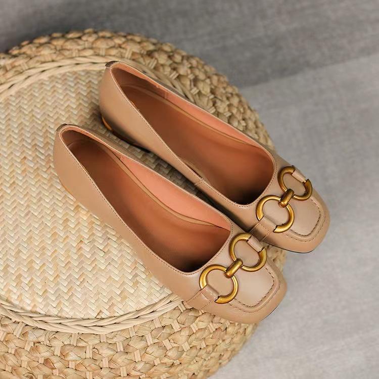Fashion Retro Women's Loafers Shoes French Square Toe Horsebit Leather Office Career Ladies Slip-On Low Heels Shoe Pumps