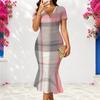 Women Plus Size V Neck Short Sleeve Plaid Printed Pink Grey Fitted Fishtail Dress