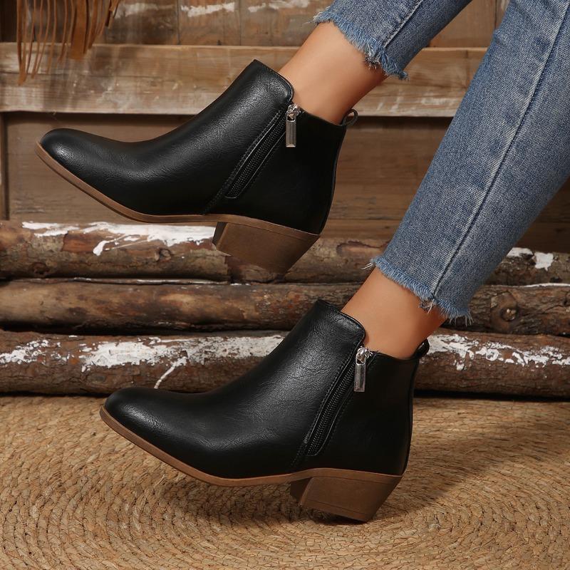 2025 New Fashion Retro Women's Fashion Block Heel Booties Fall New Round Toe Side Zipper Soft Slip Single Boots