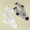 2 Pairs Women Heart Stripe Polka Dots Pattern Sheer Silk Socks Spring Summer Breathable Thin Transparent Crew Socks