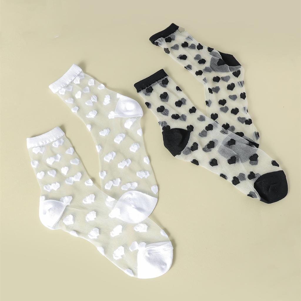 2 Pairs Women Heart Stripe Polka Dots Pattern Sheer Silk Socks Spring Summer Breathable Thin Transparent Crew Socks