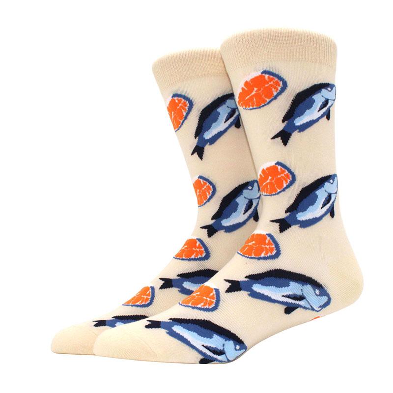 Roliga glada herrstrumpor med grafisk design, kammad bomull, omelett, groda, galen klocka, lax, majs, fågel, fisk, strumpa, julklapp